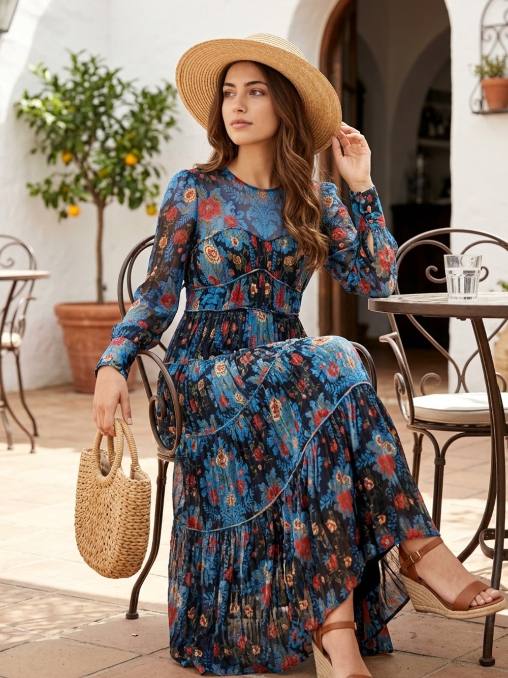 FARM Rio Blue Floral Tiered Maxi Dress $320 Retail - Picture 2 of 7